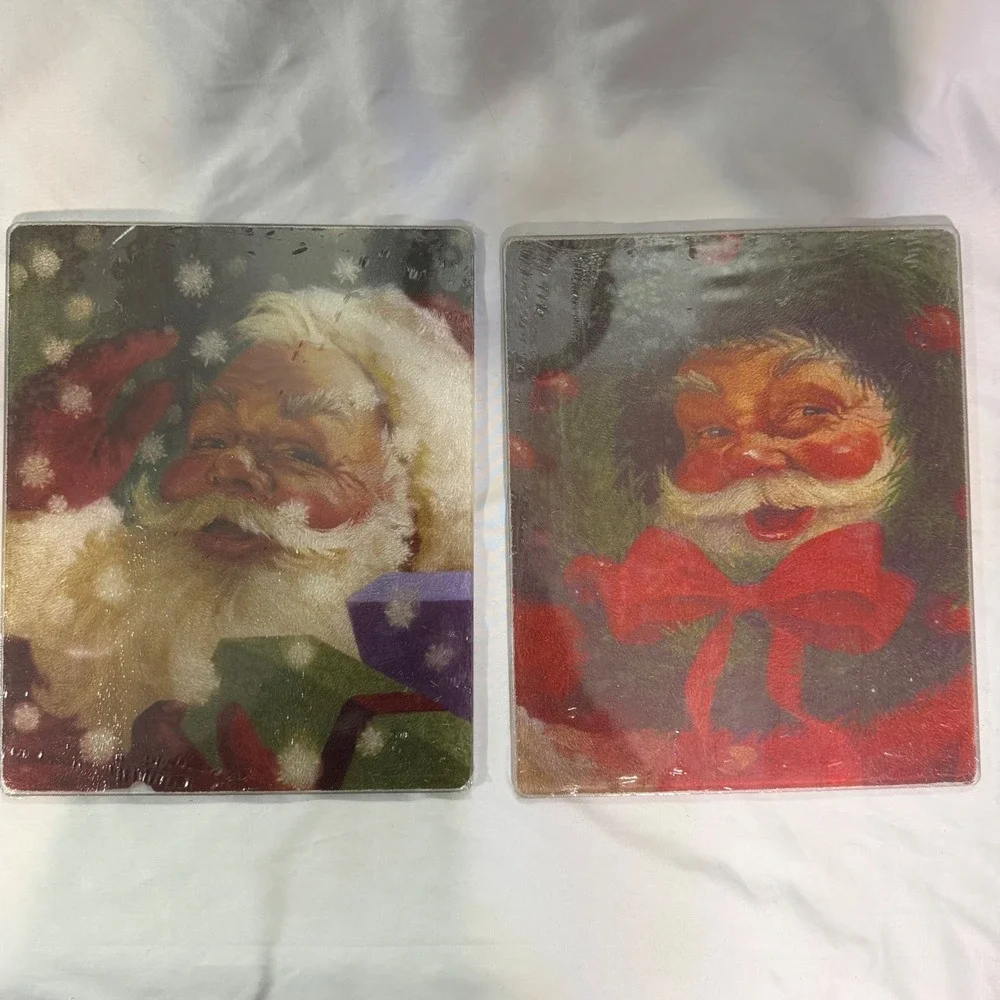 Vintage Style Santa Claus Glass Cutting Boards Set of 2 Christmas Holiday